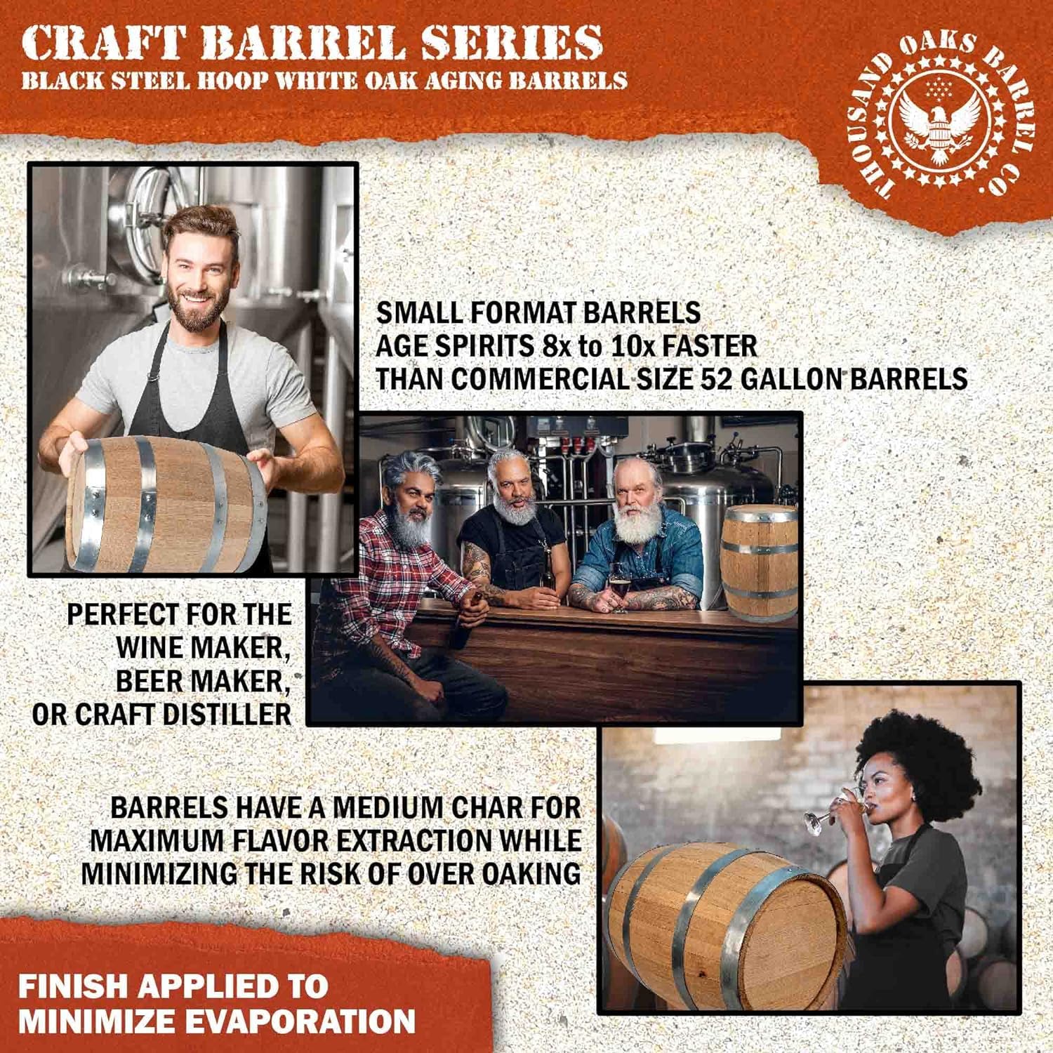 THOUSAND OAKS BARREL charred interior aroma enhances vanilla and spice notes in small batches.