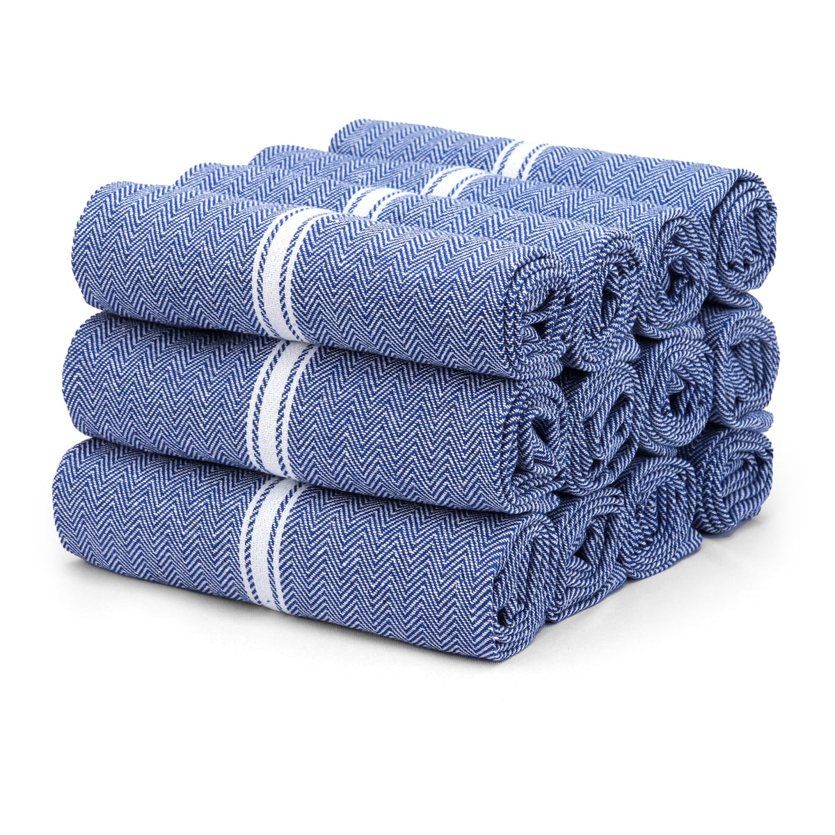 THREAD SPREAD kitchen towels 12-pack blue chambray packshot showing durable cotton fibers