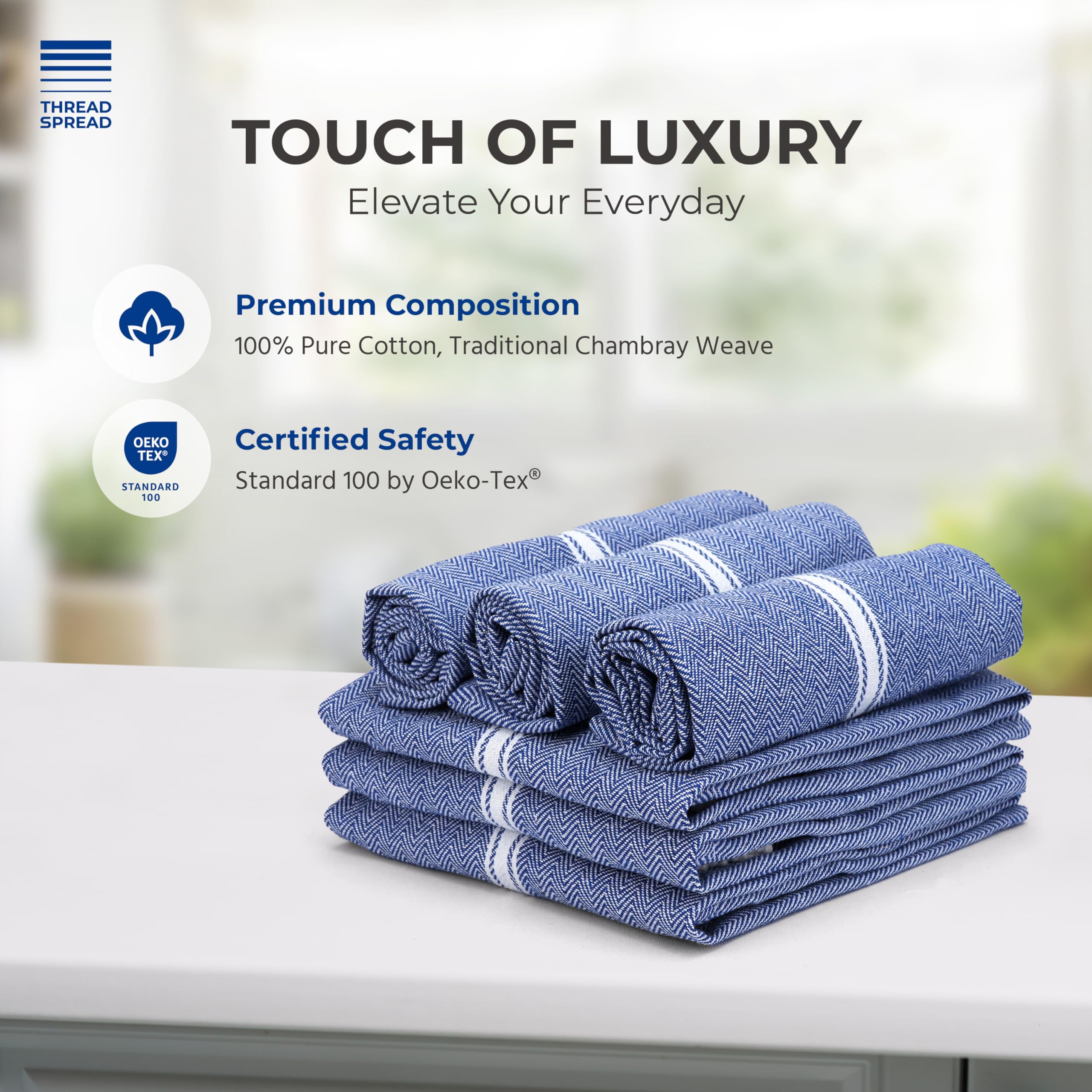 THREAD SPREAD close-up reveals absorbent cotton weave and soft feel