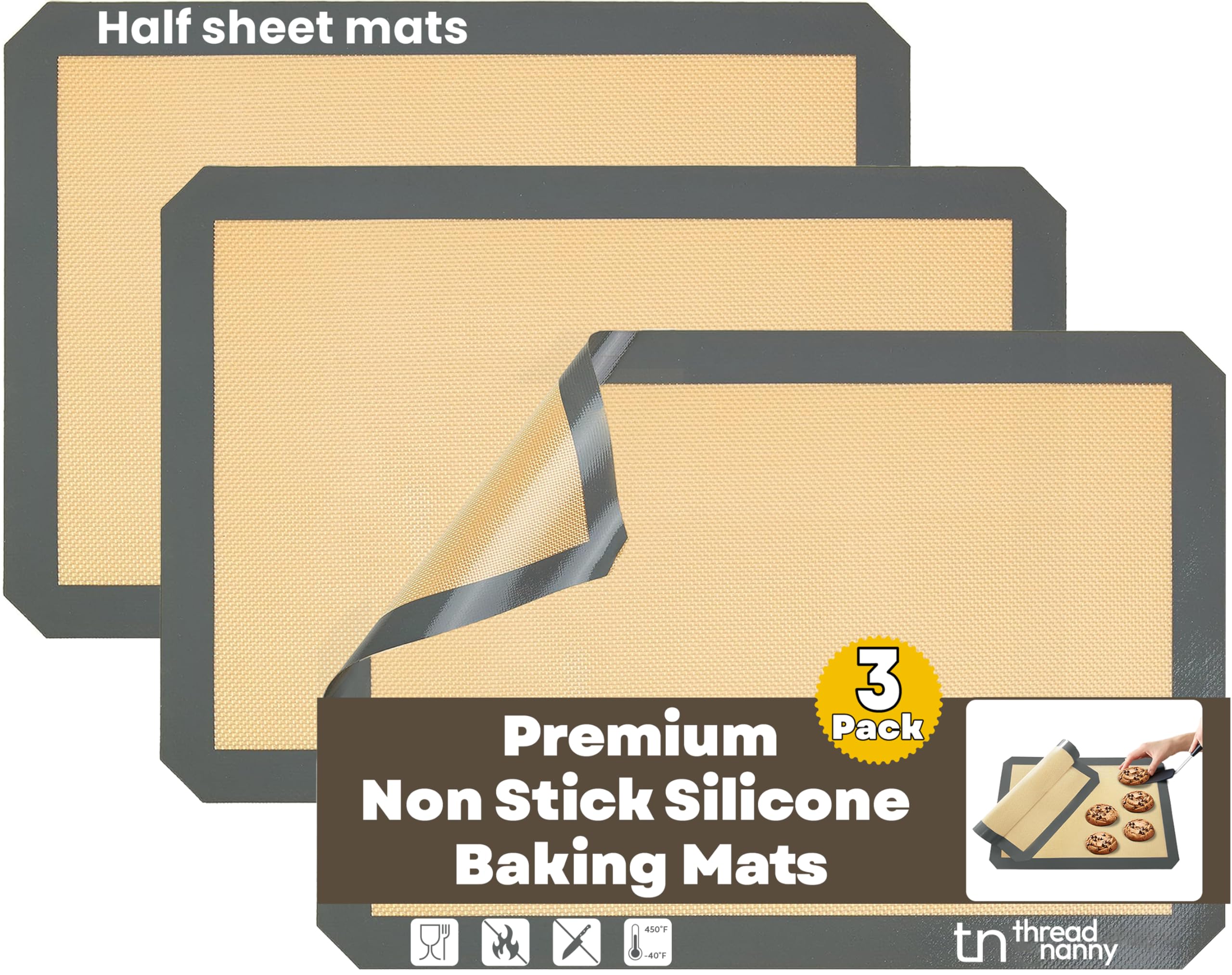 ThreadNanny silicone baking mat 3-pack on sheet pan for oven-ready nonstick lining.