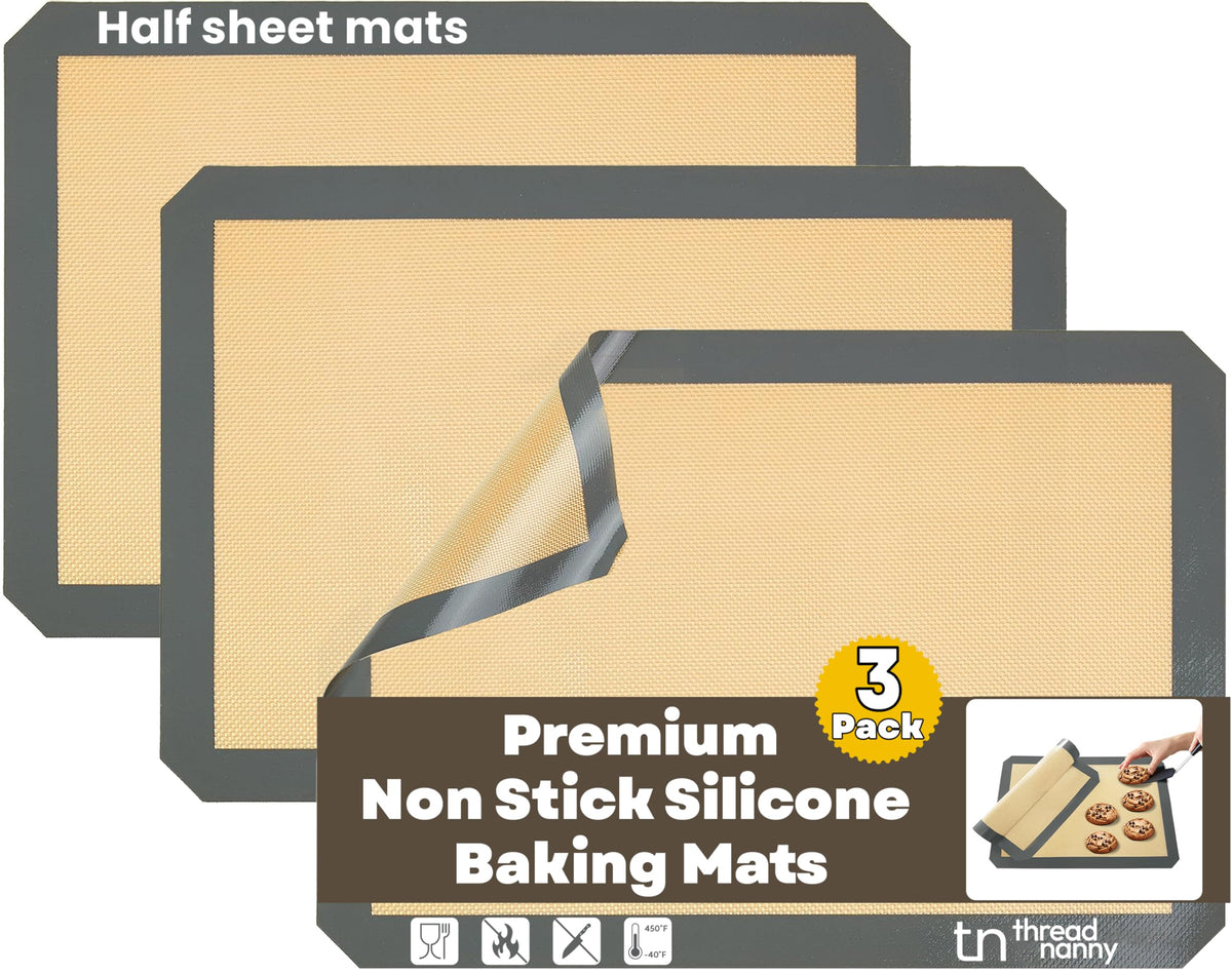 ThreadNanny silicone baking mat 3-pack on sheet pan for oven-ready nonstick lining.