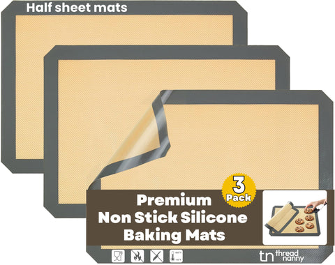 ThreadNanny silicone baking mat 3-pack on sheet pan for oven-ready nonstick lining.