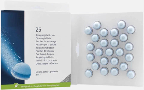 Three-Phase Cleaning Tablets inside coffee machine view showing cleaning action for better taste.