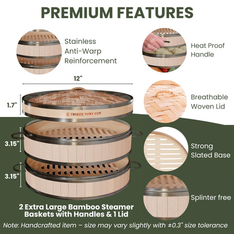 Three Way Cut bamboo steamer with heatproof handles for easy lifting.