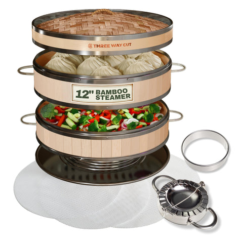 Three Way Cut 2-Tier Bamboo Steamer top view, large capacity for dumplings.