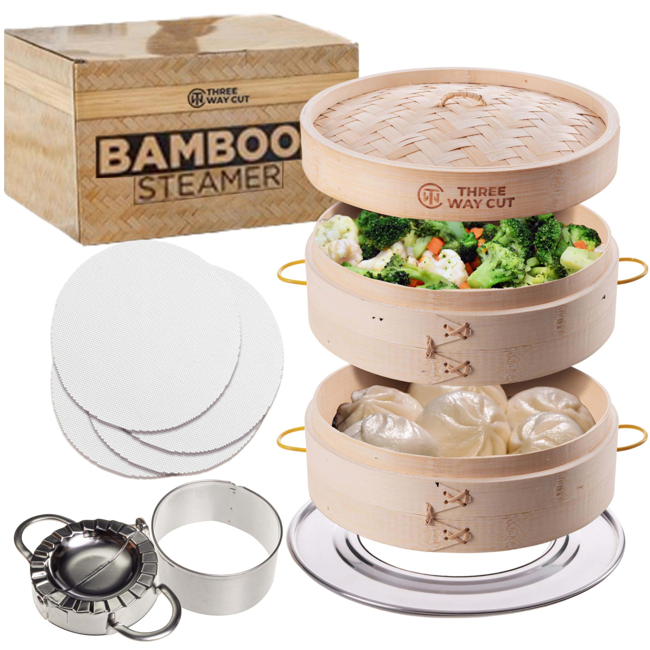 Three Way Cut 2-Tier Bamboo Steamer top view for multi-dish steaming.