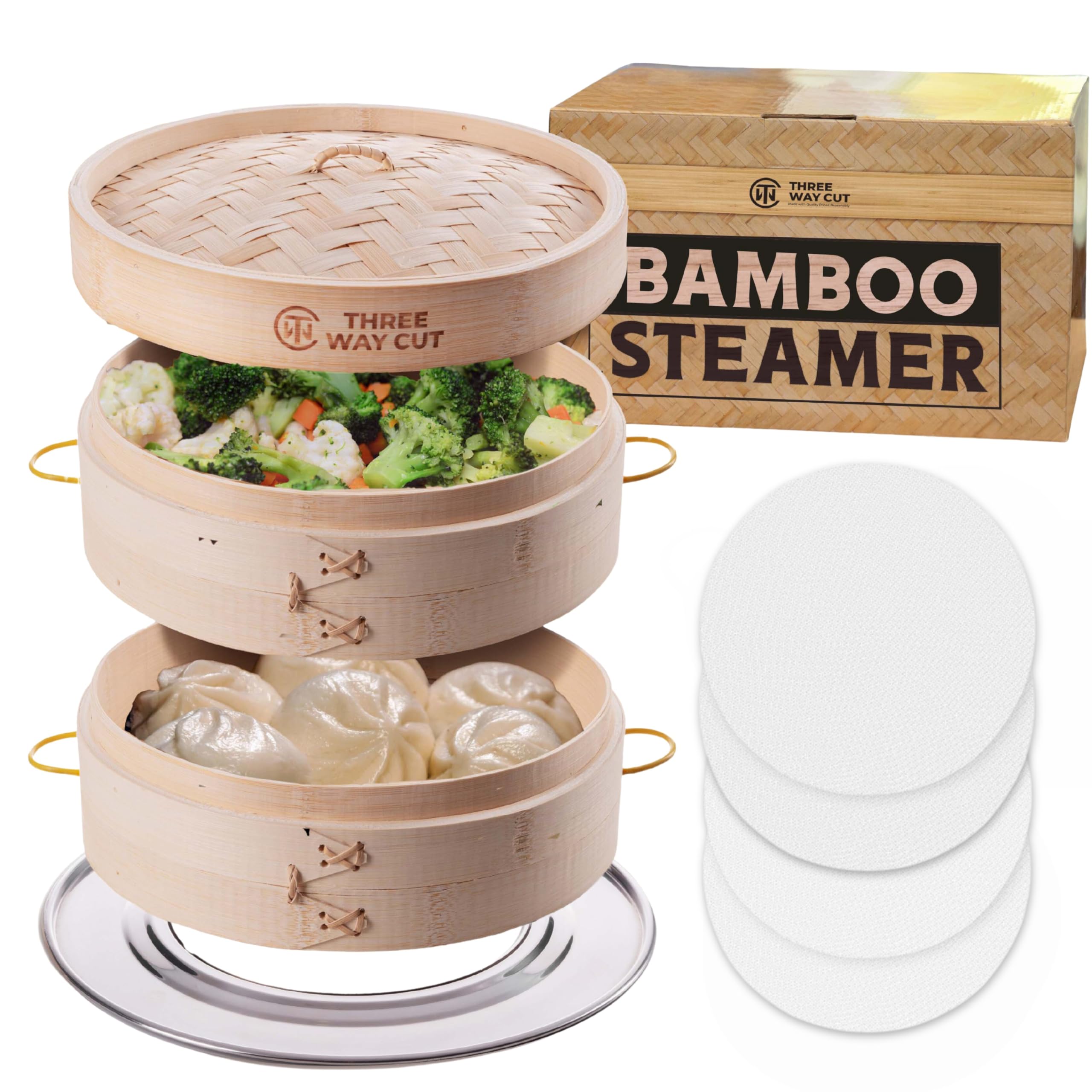 Three Way Cut bamboo steamer 10-inch two-tier basket with heatproof handles for safe lifting