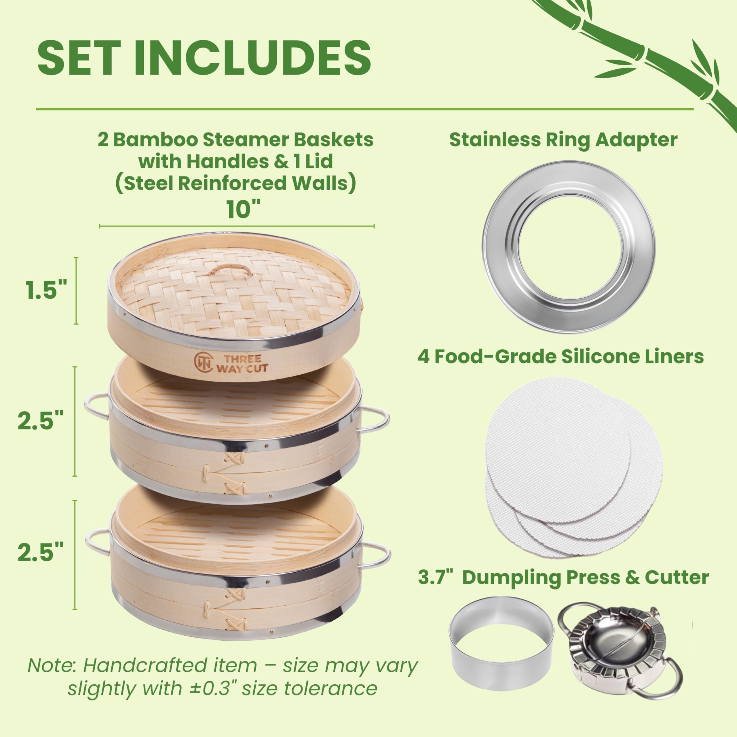 Three Way Cut bamboo steamer handle aids safe lifting and prevents burns.