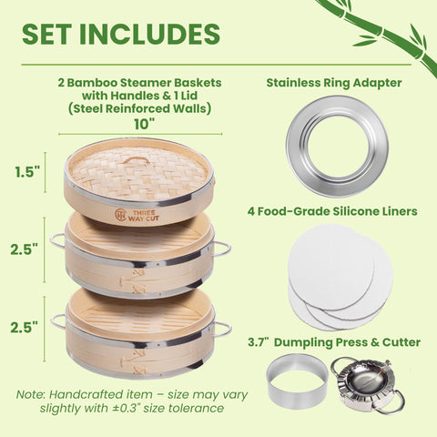 Three Way Cut bamboo steamer handle aids safe lifting and prevents burns.