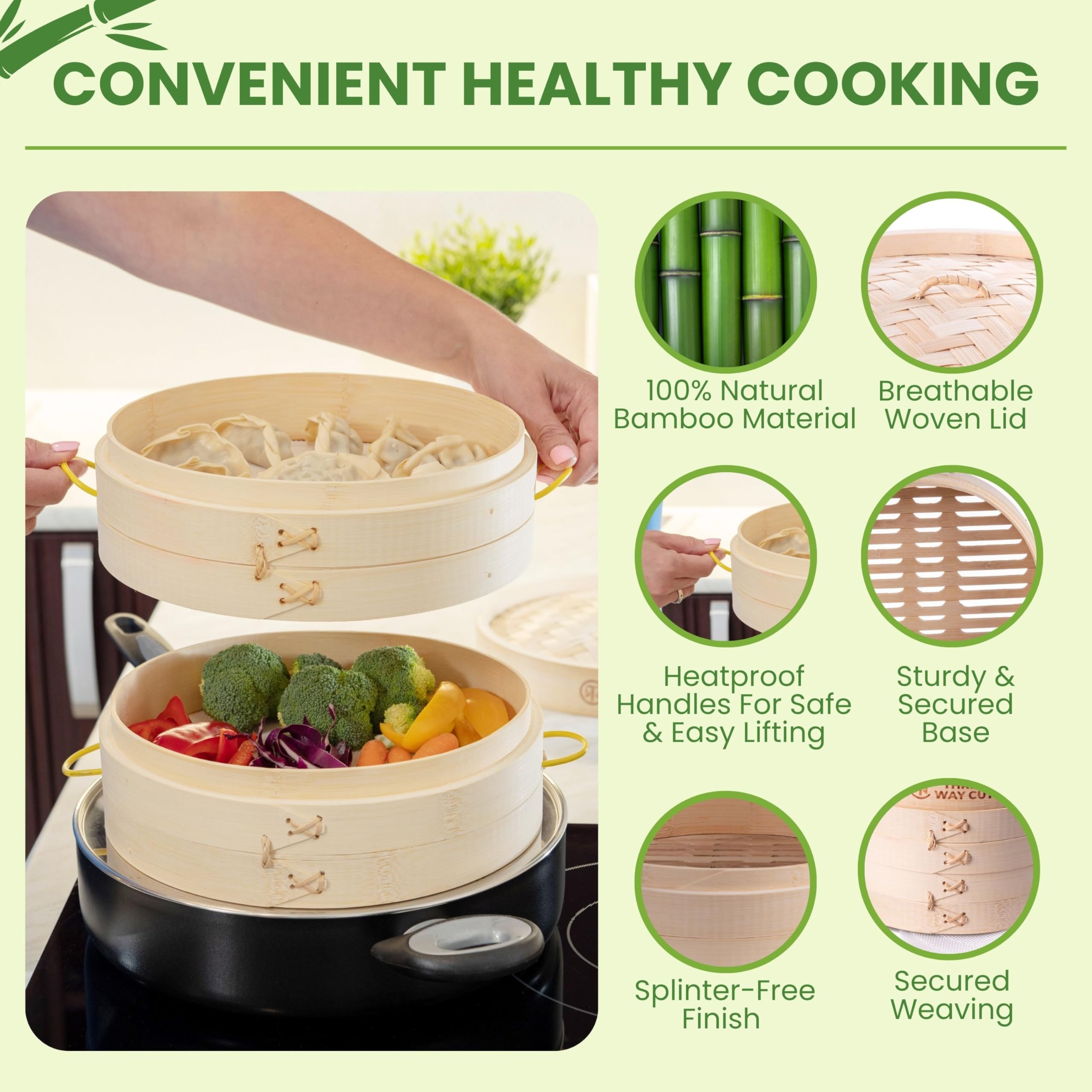 Ring adapter on Three Way Cut bamboo steamer prevents soaking and extends product life