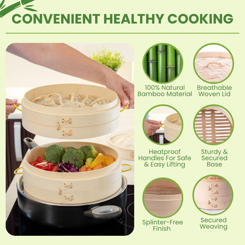 Ring adapter on Three Way Cut bamboo steamer prevents soaking and extends product life