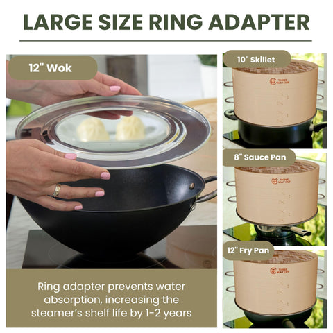 Three Way Cut bamboo steamer storage helps keep components organized.
