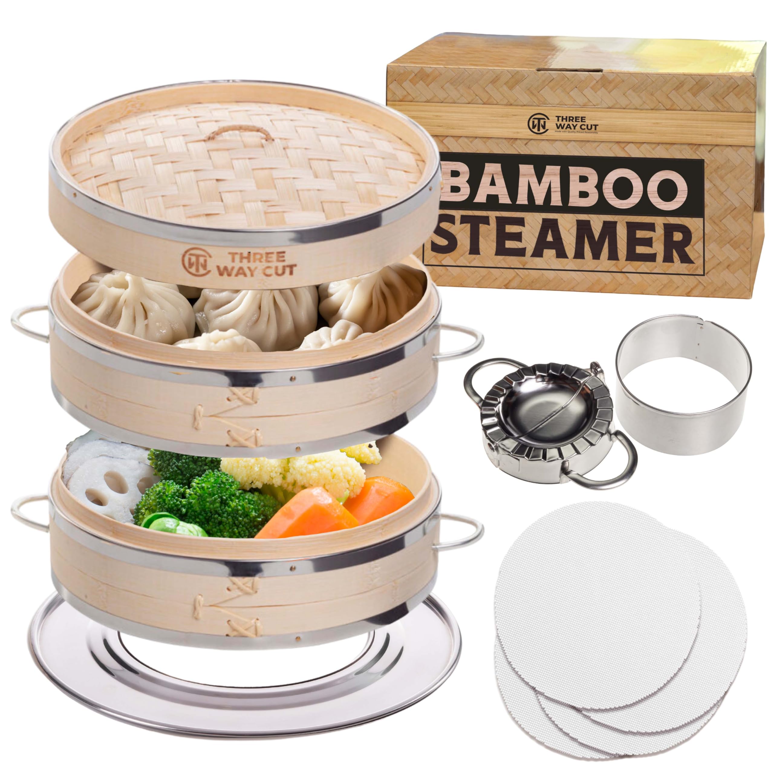 Three Way Cut dumpling bamboo steamer 10-inch two-tier with handles for large batches.