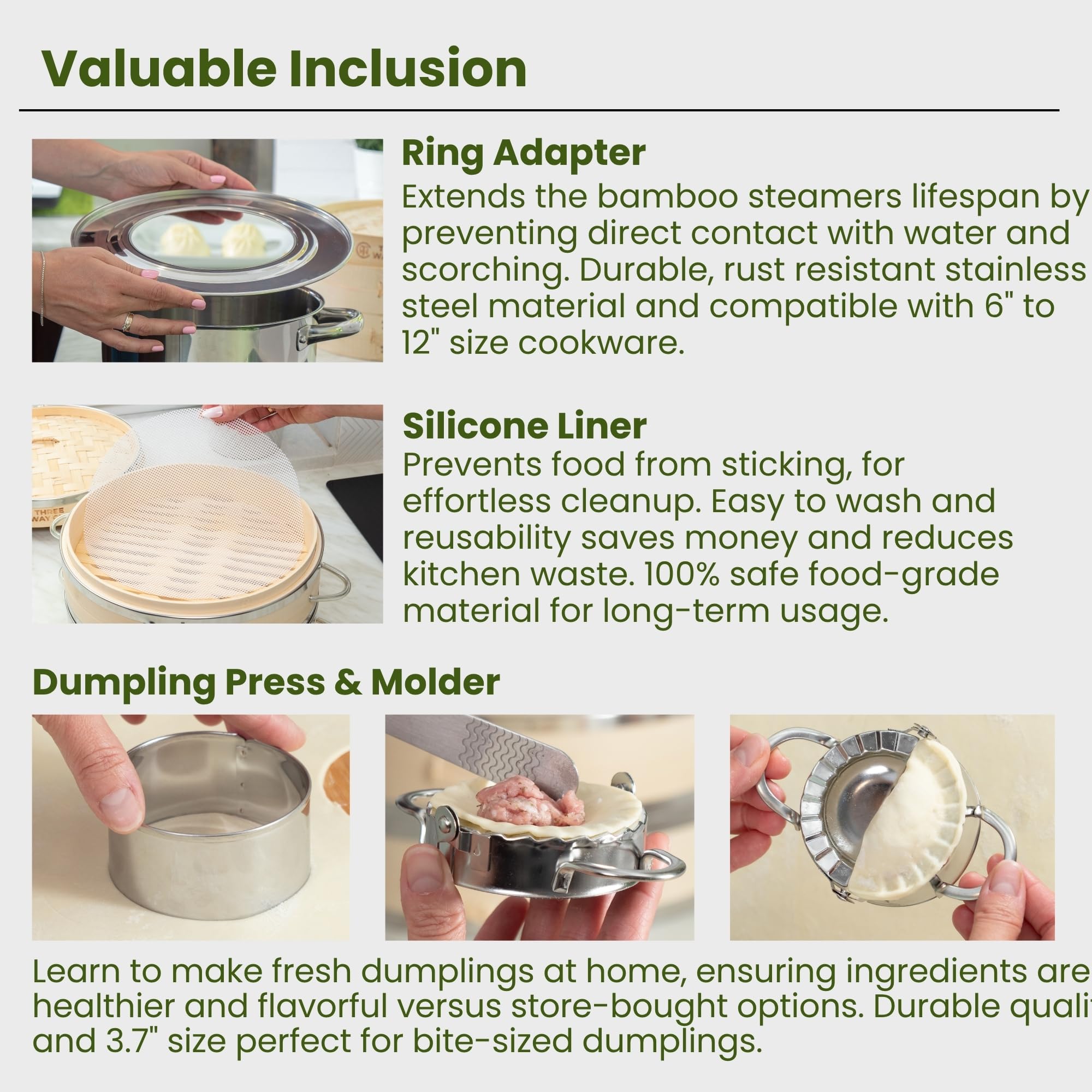 Three Way Cut healthy steaming kit keeps foods flavorful with less oil.