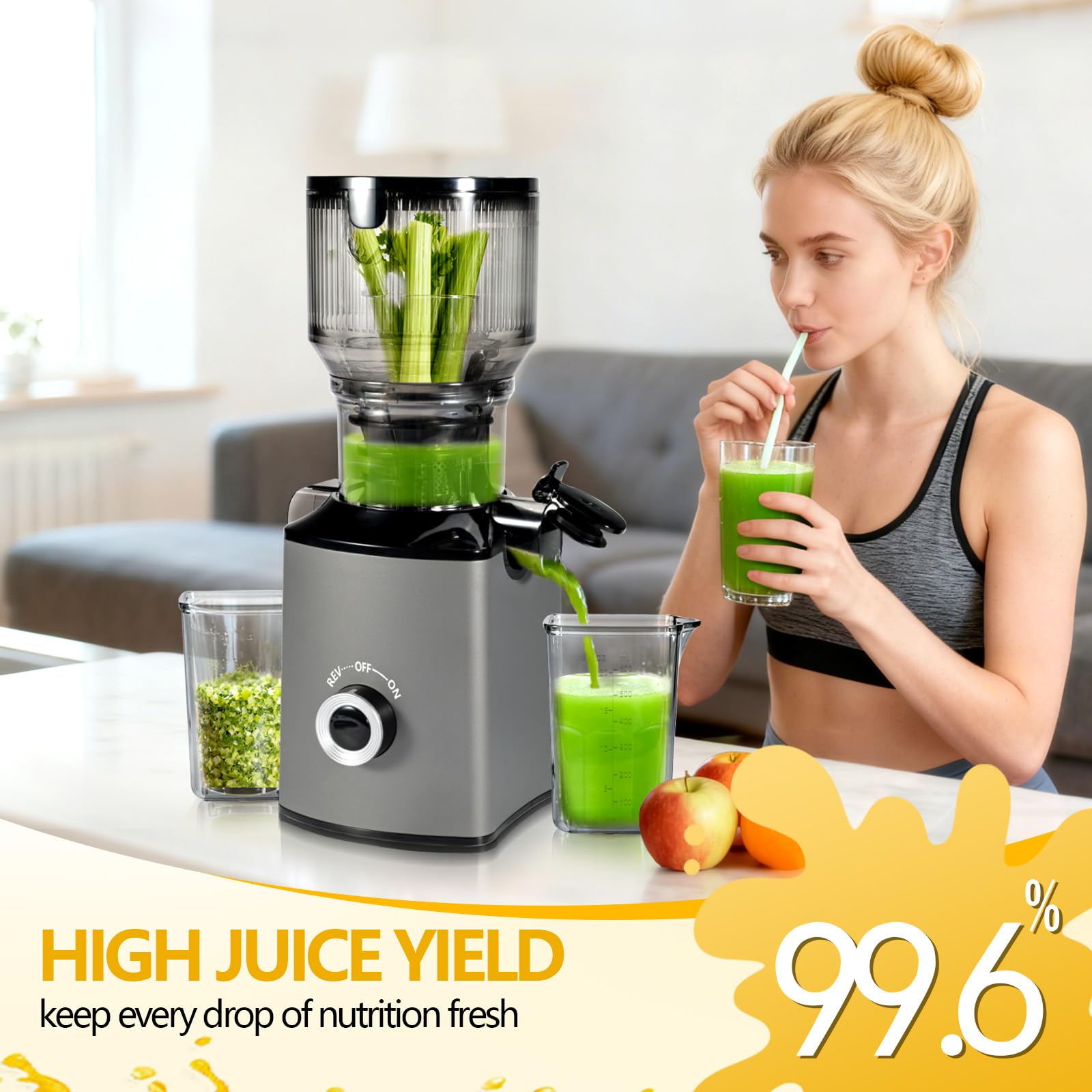 ThreeAll dual-filter system supports high juice yield with minimal pulp.