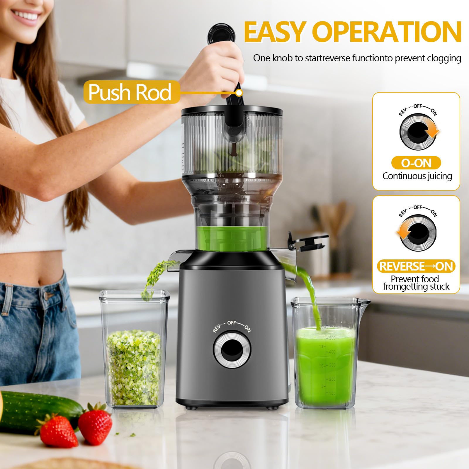 ThreeAll anti-blocking reverse function clears celery and leafy greens quickly.