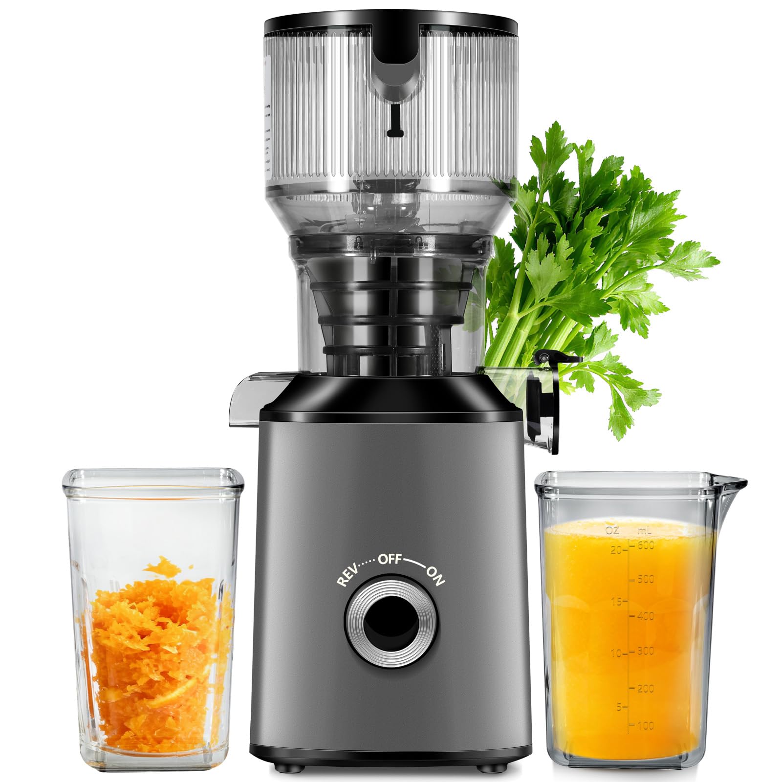 ThreeAll cold press juicer demonstrates wide feed chute for whole-fruit juicing convenience.