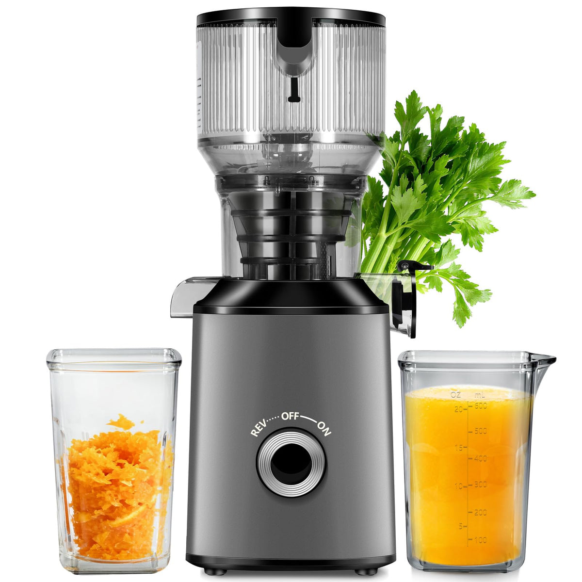 ThreeAll cold press juicer demonstrates wide feed chute for whole-fruit juicing convenience.