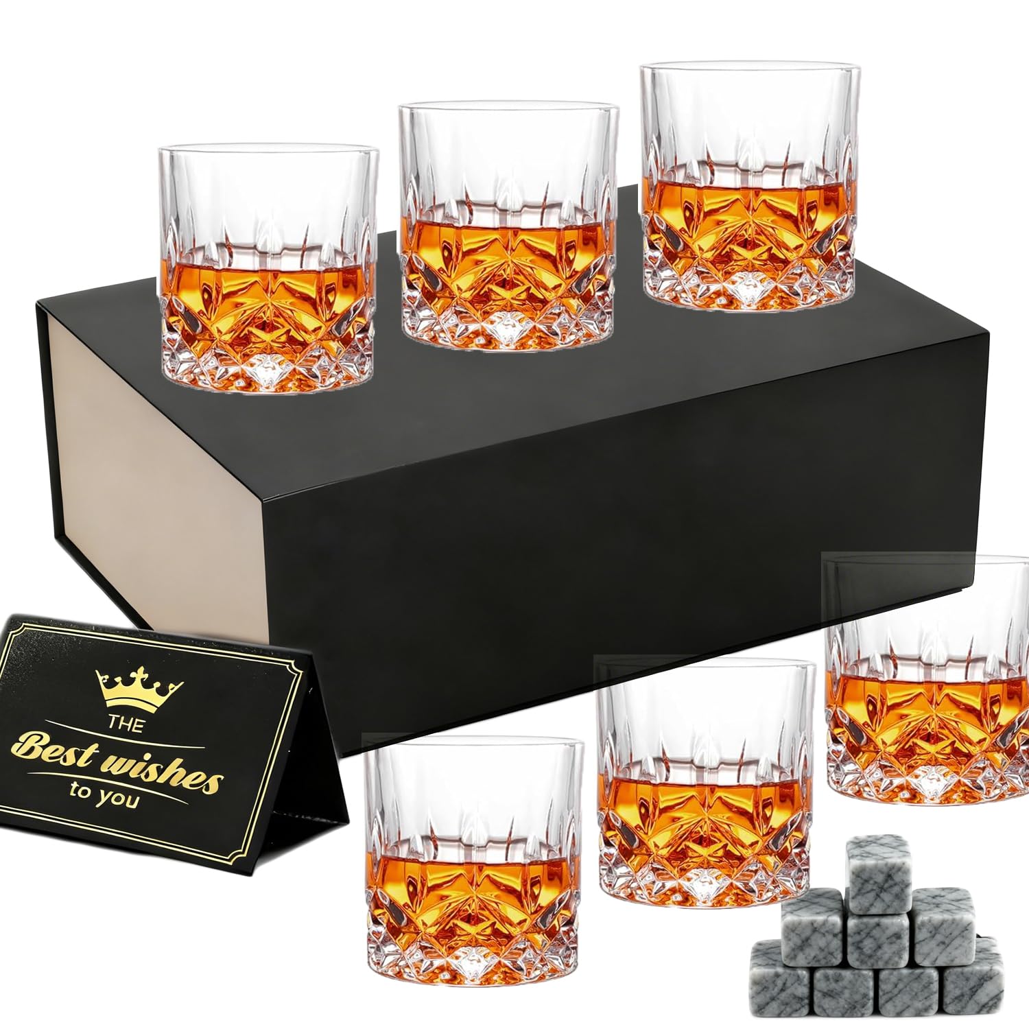 Thsinde Heavy Whiskey Tumbler six-pack front view, ideal for neat whiskey and cocktails