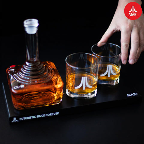 Thumbs Up action button glasses engraved with Atari logo for authenticity