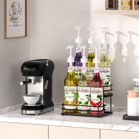 THYGIFTREE 2-tier stand organizing syrups to save space on your coffee bar.