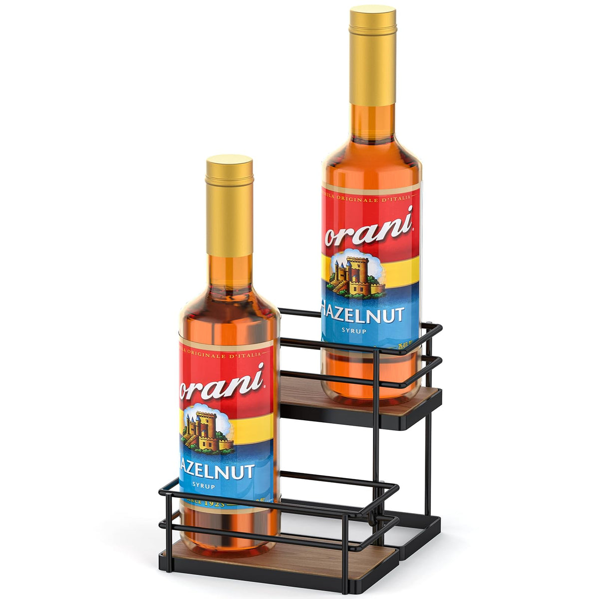 THYGIFTREE coffee syrup rack with four bottles keeps syrups organized and accessible.