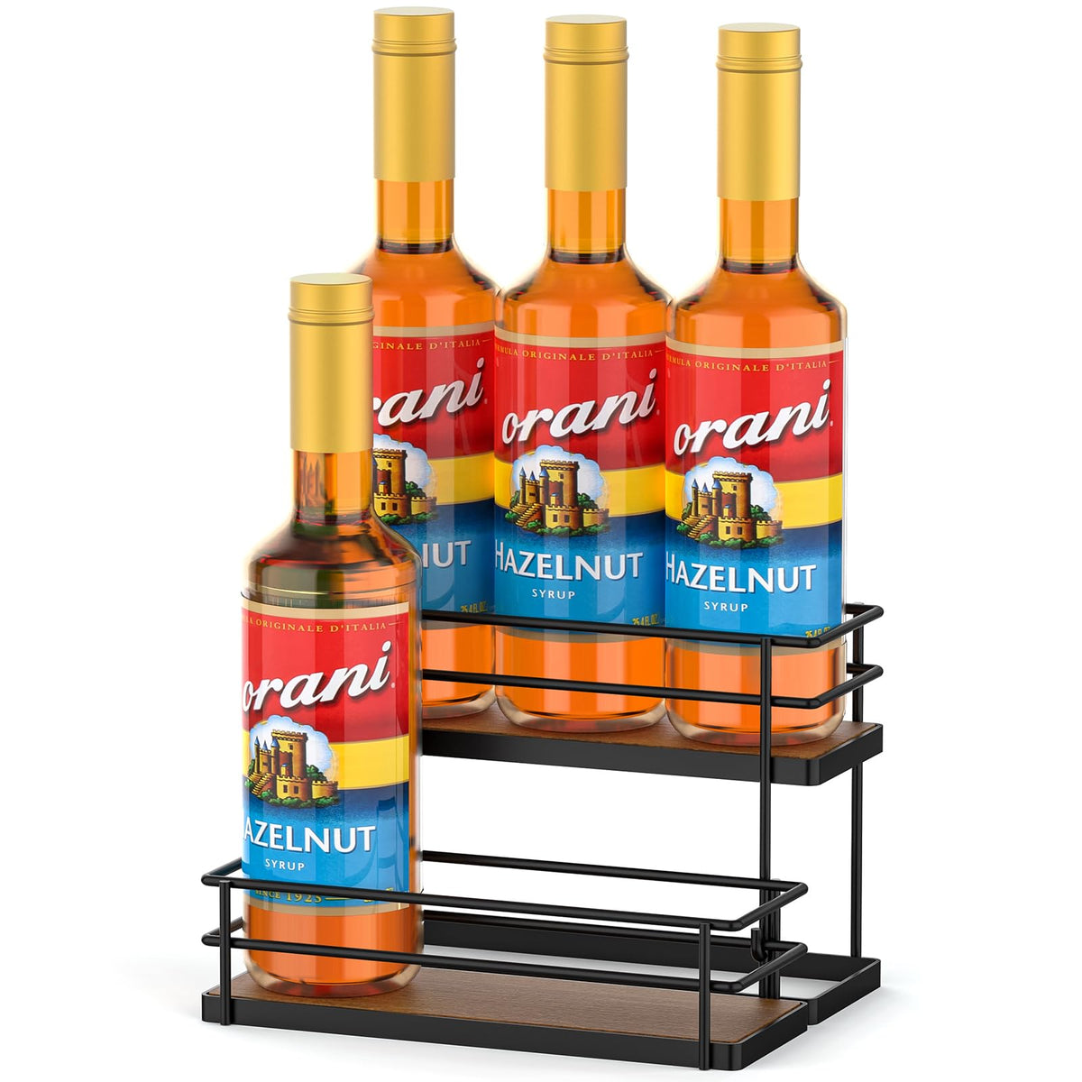 THYGIFTREE coffee syrup rack with six bottles on a countertop for quick access.