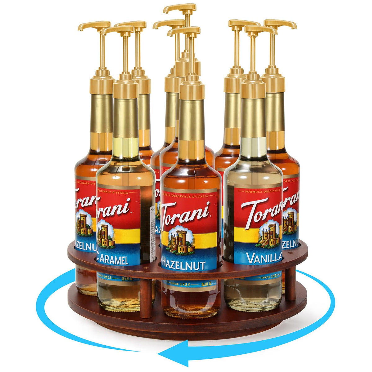 THYGIFTREE large rotating coffee syrup organizer displaying nine bottles for easy access on a wooden base.