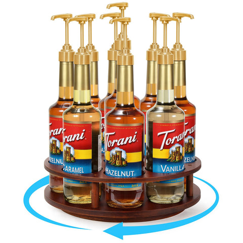 THYGIFTREE large rotating coffee syrup organizer displaying nine bottles for easy access on a wooden base.