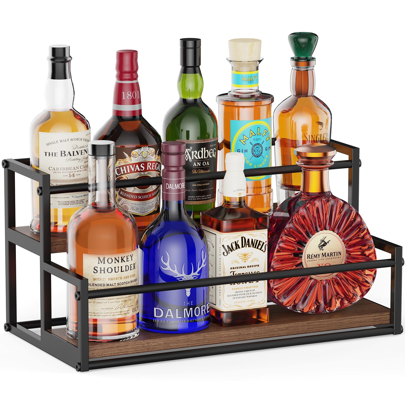 THYGIFTREE liquor bottle display shelf two tiers on a counter, organized and accessible.