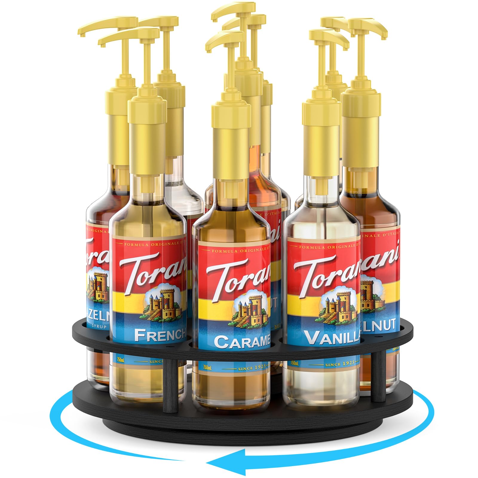 THYGIFTREE rotating syrup organizer on countertop displaying nine syrups for easy access.