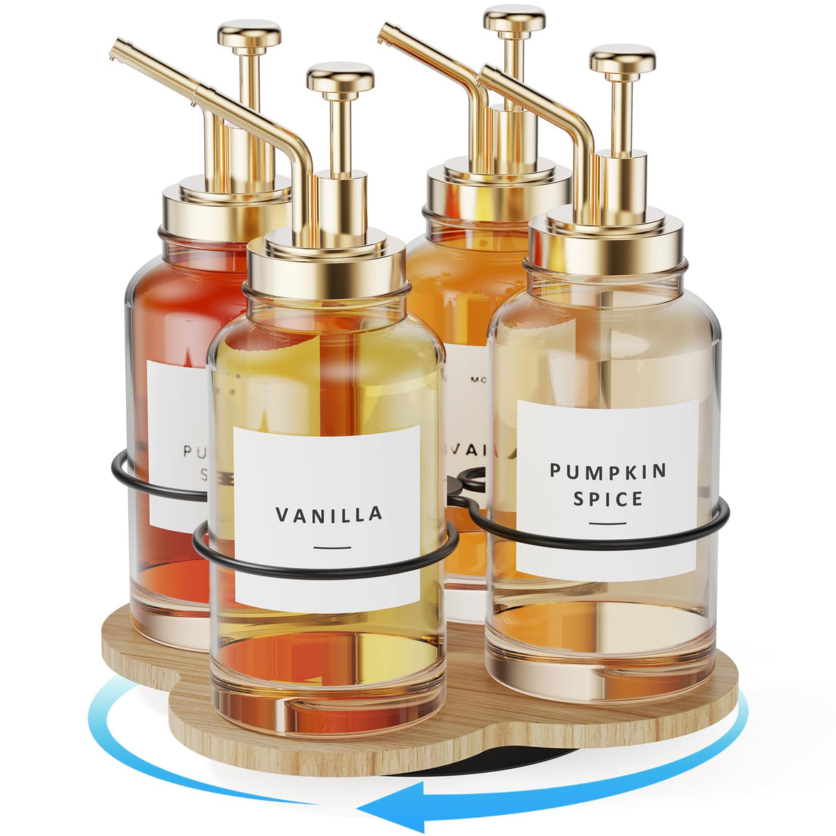 THYGIFTREE rotating syrup organizer on wood stand keeps flavors at your fingertips
