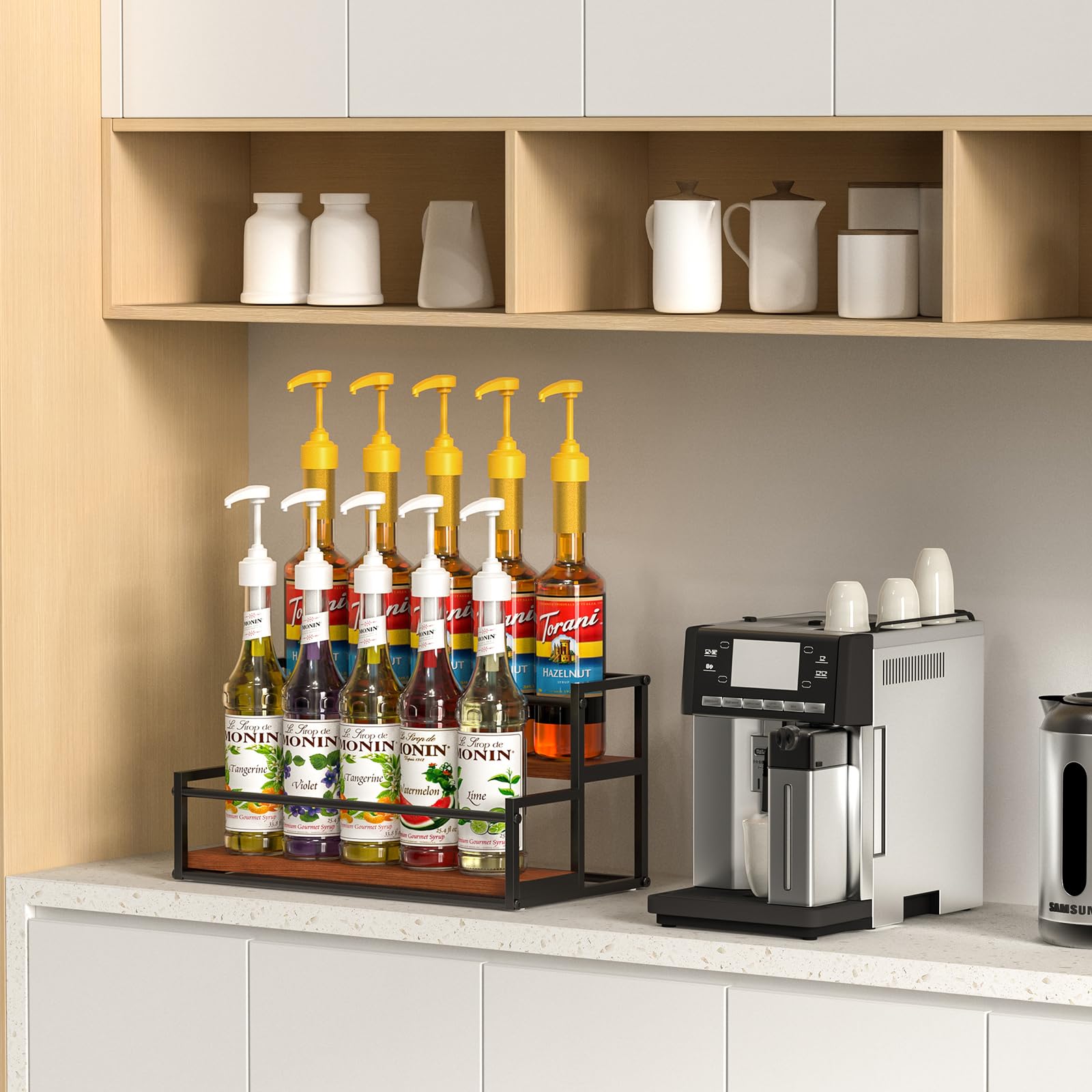 THYGIFTREE 10-bottle capacity rack keeps syrup bottles organized at a glance