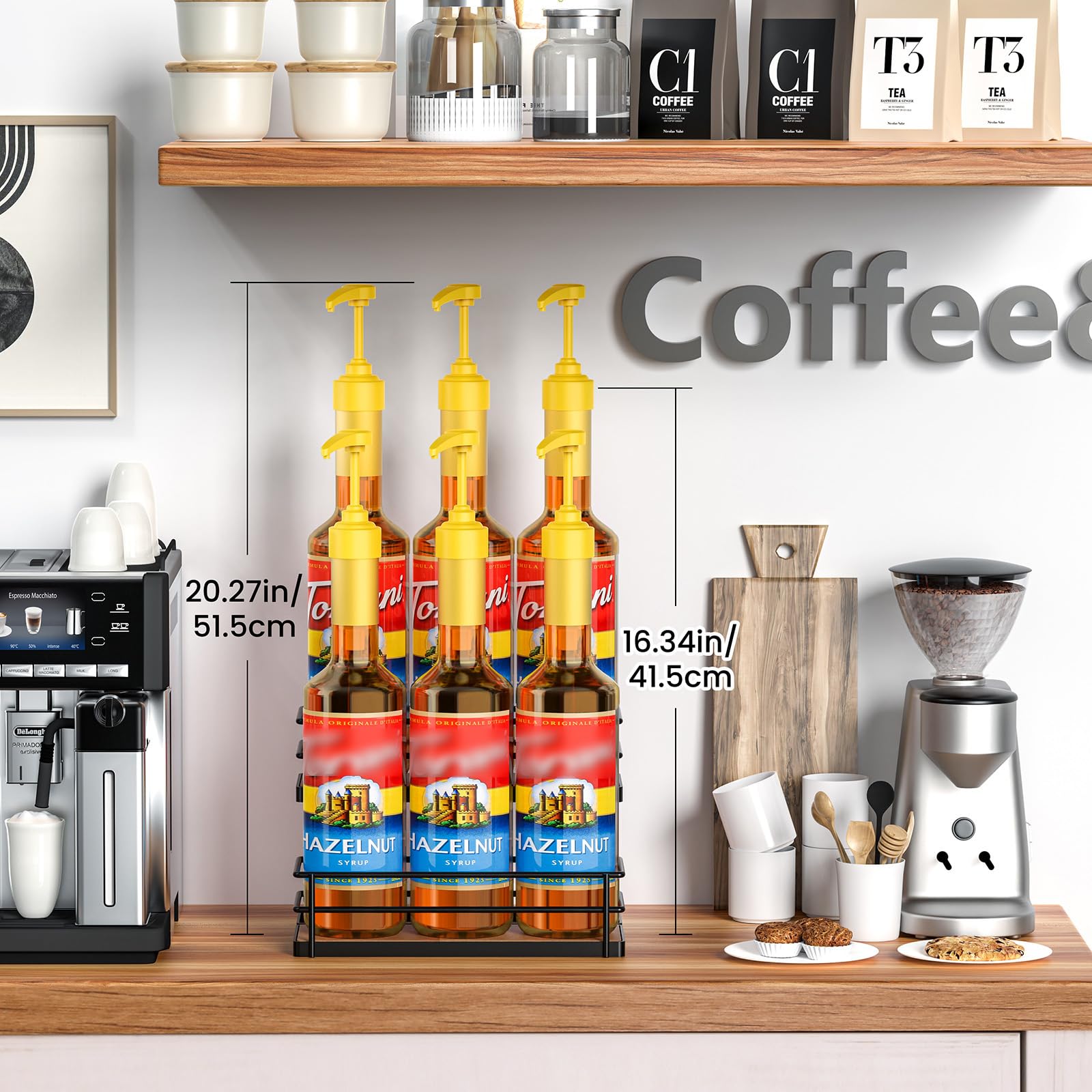 THYGIFTREE syrup organizer on counter adds rustic charm to kitchen decor.