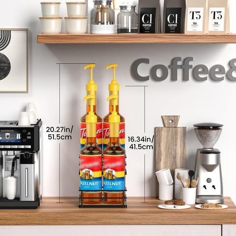 THYGIFTREE syrup organizer on counter boosts efficiency during morning coffee.