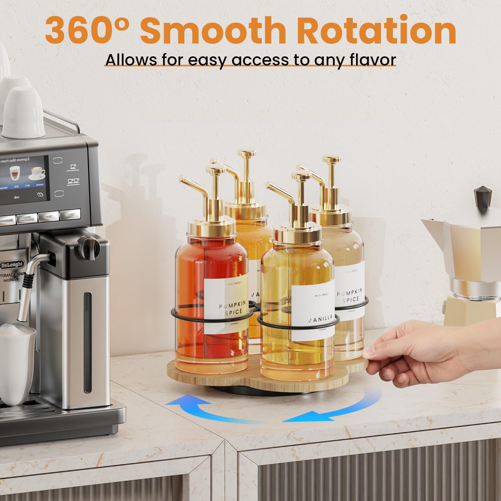 THYGIFTREE syrup rack on wood bottle holder close-up showing smooth swivel