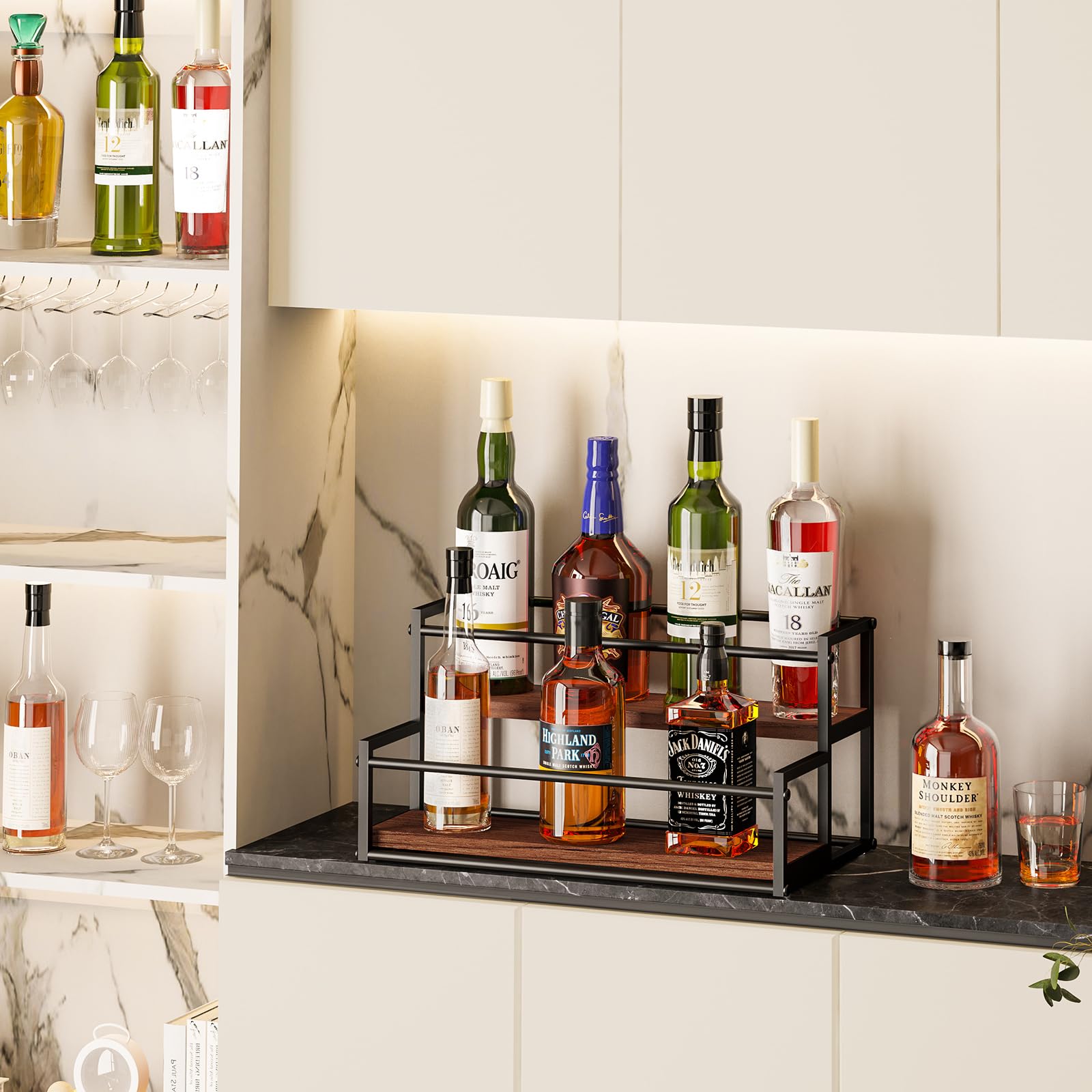 Two-tier THYGIFTREE liquor riser showing stable, balanced bottle display.