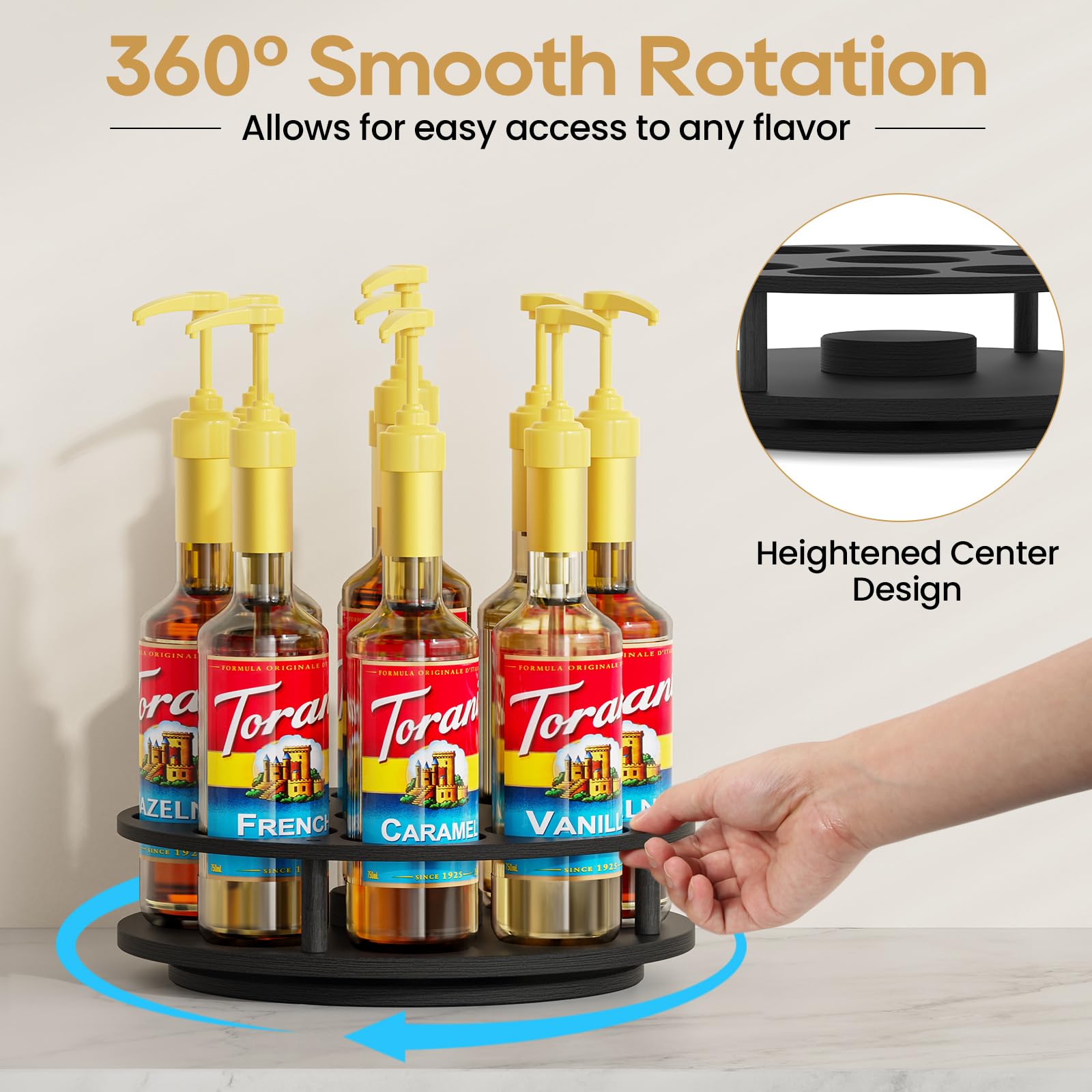 THYGIFTREE wooden syrup rack base provides stable rotation on wood or marble surfaces.