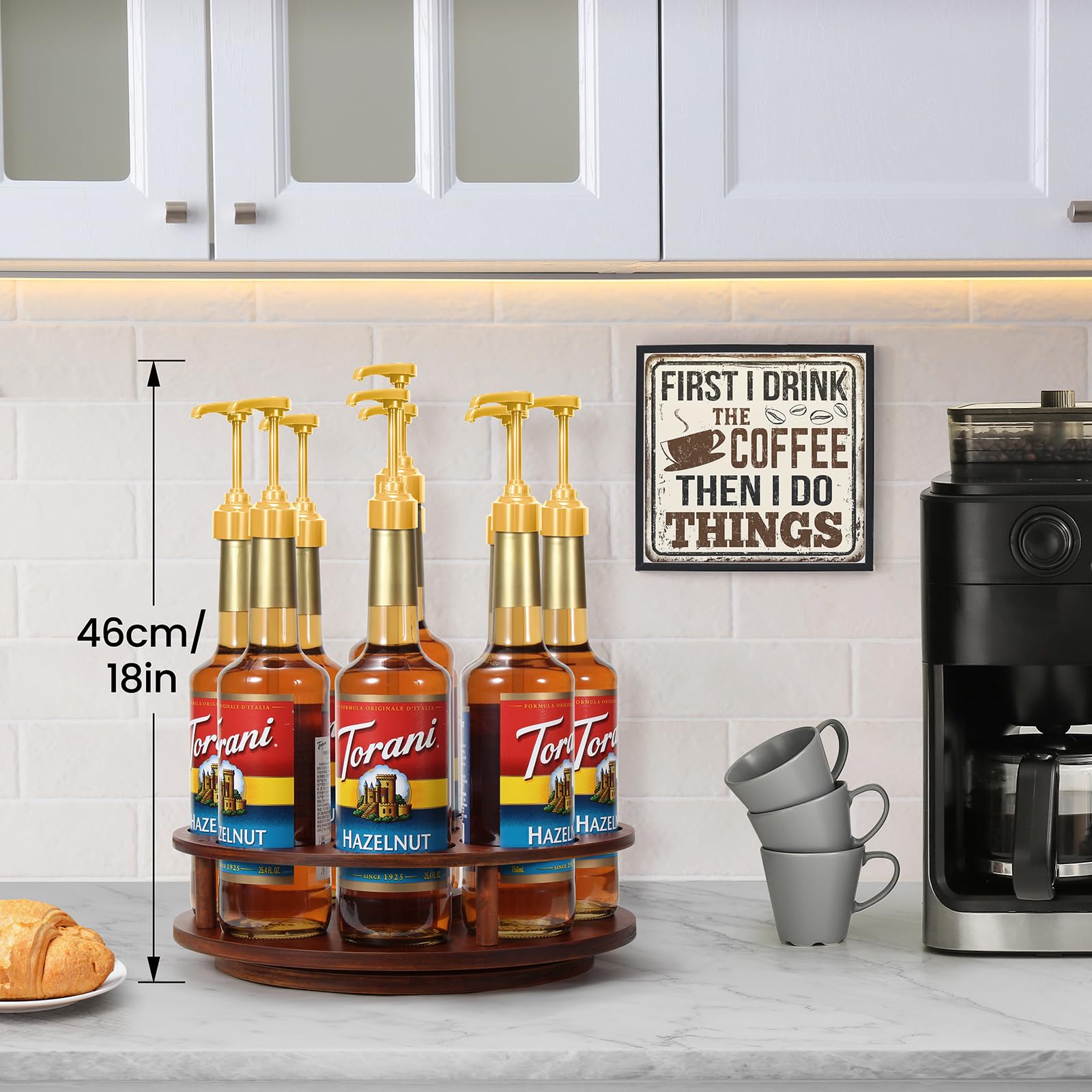 THYGIFTREE wooden turntable syrup rack base enabling smooth access and centered flavor in busy mornings.