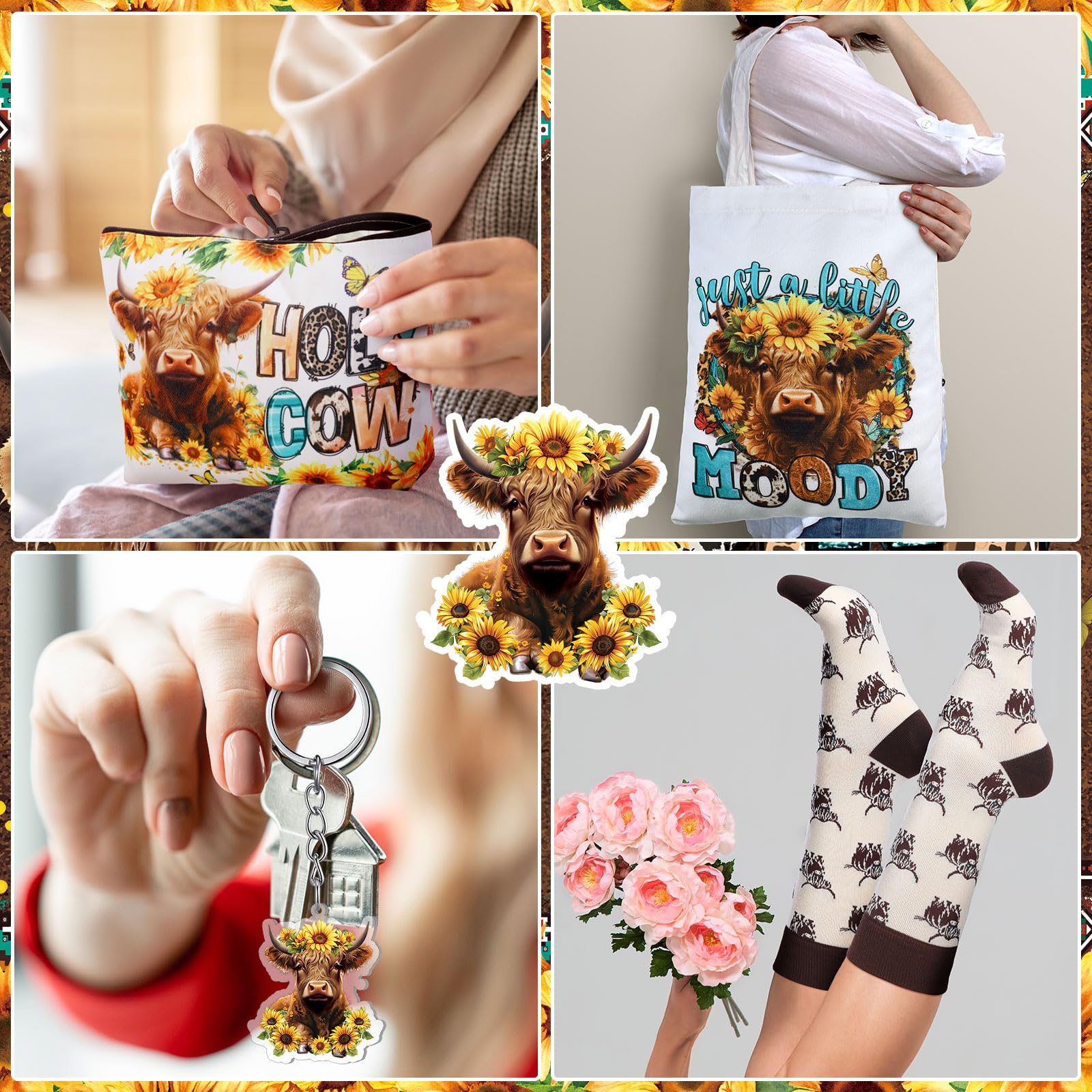 Tiangrid sunflower Highland cow makeup bag to organize cosmetics and essentials.