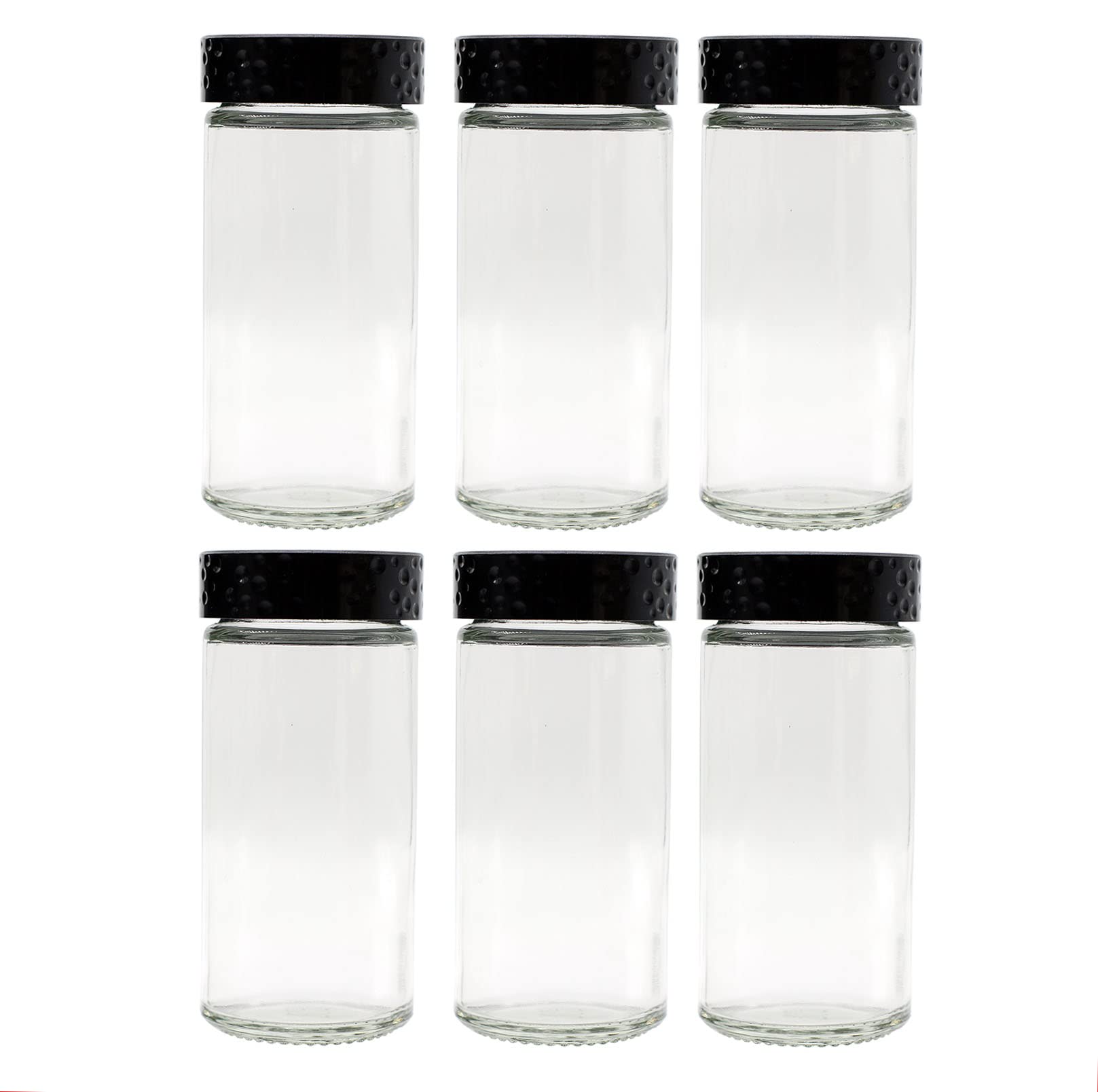 Tianifa 6pc black spice jars set on a tidy shelf for organized pantry storage