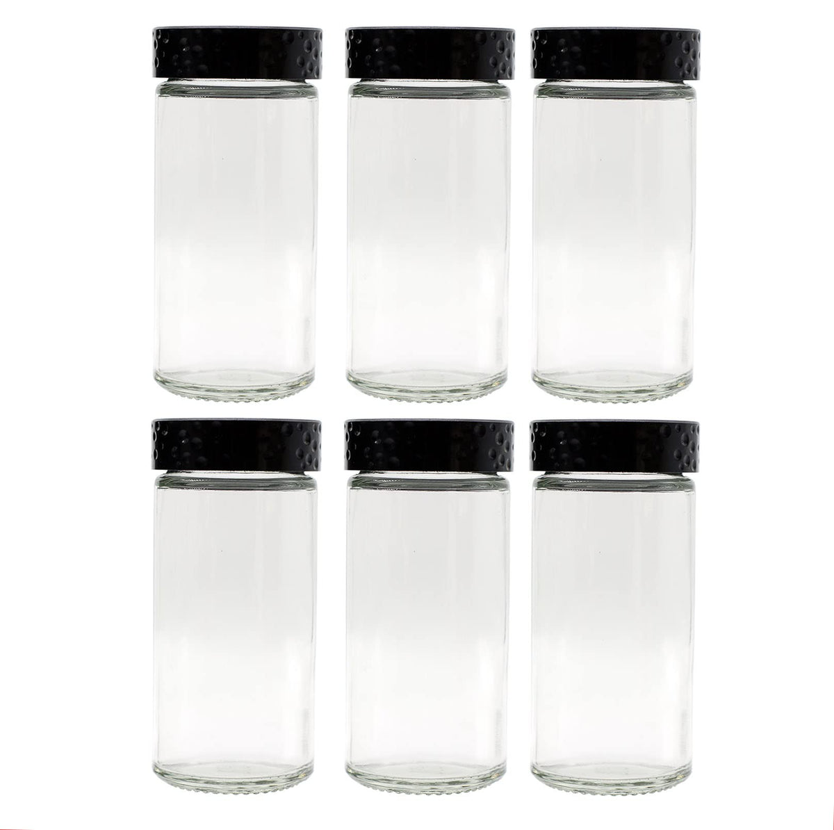 Tianifa 6pc black spice jars set on a tidy shelf for organized pantry storage