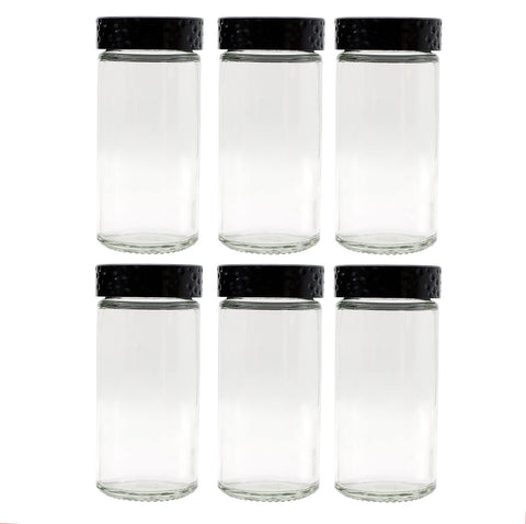 Tianifa 6pc black spice jars set on a tidy shelf for organized pantry storage