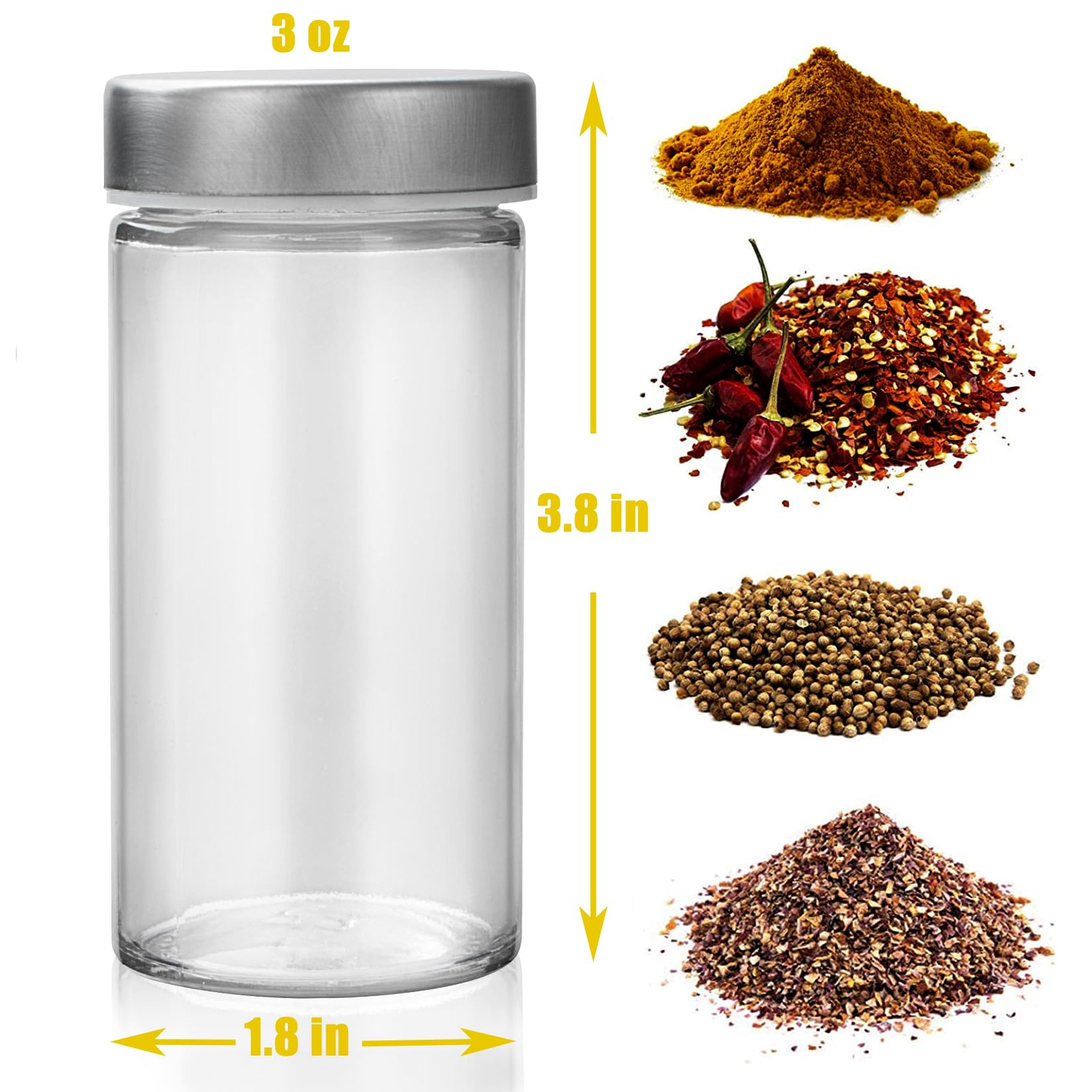 Closeup of Tianifa airtight stainless lids on spice jars.