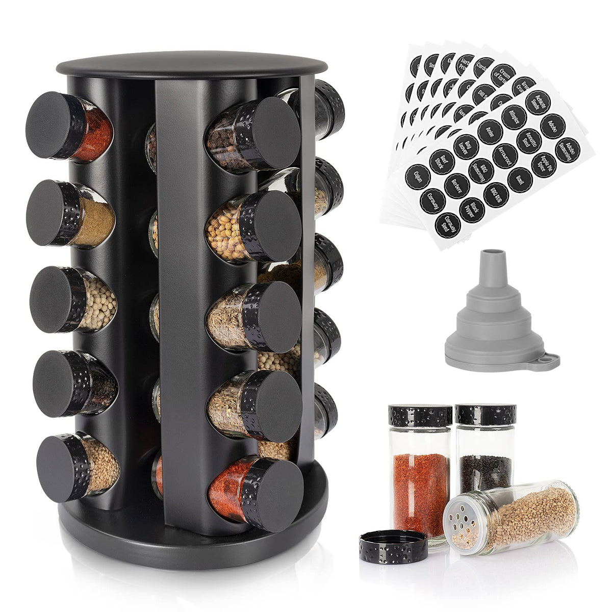 Tianifa round spice rack on a countertop keeps spices within easy reach.