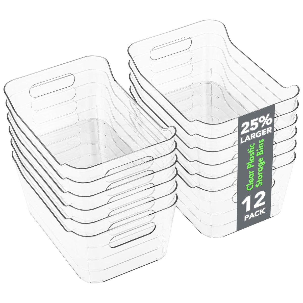 Tiawudi 12-pack clear storage bins for pantry organization and quick content visibility.