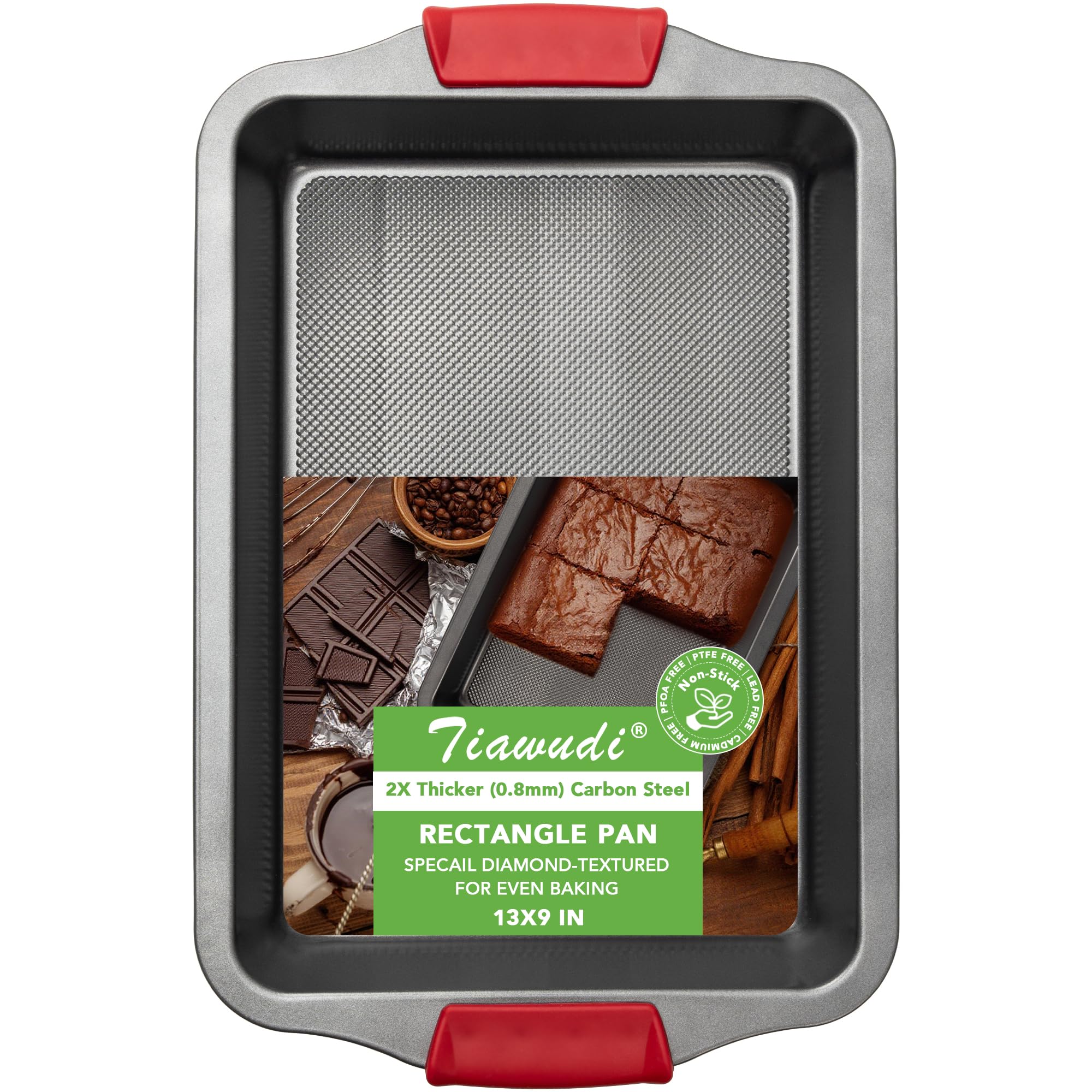 Tiawudi 13x9 cake pan with diamond texture base for even heat distribution.