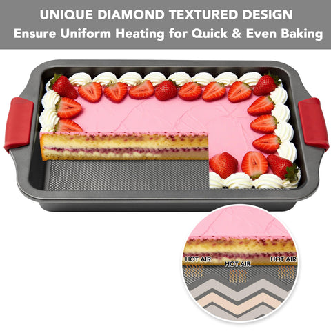 Tiawudi 13x9 cake pan oven-safe up to 450F for versatile baking.