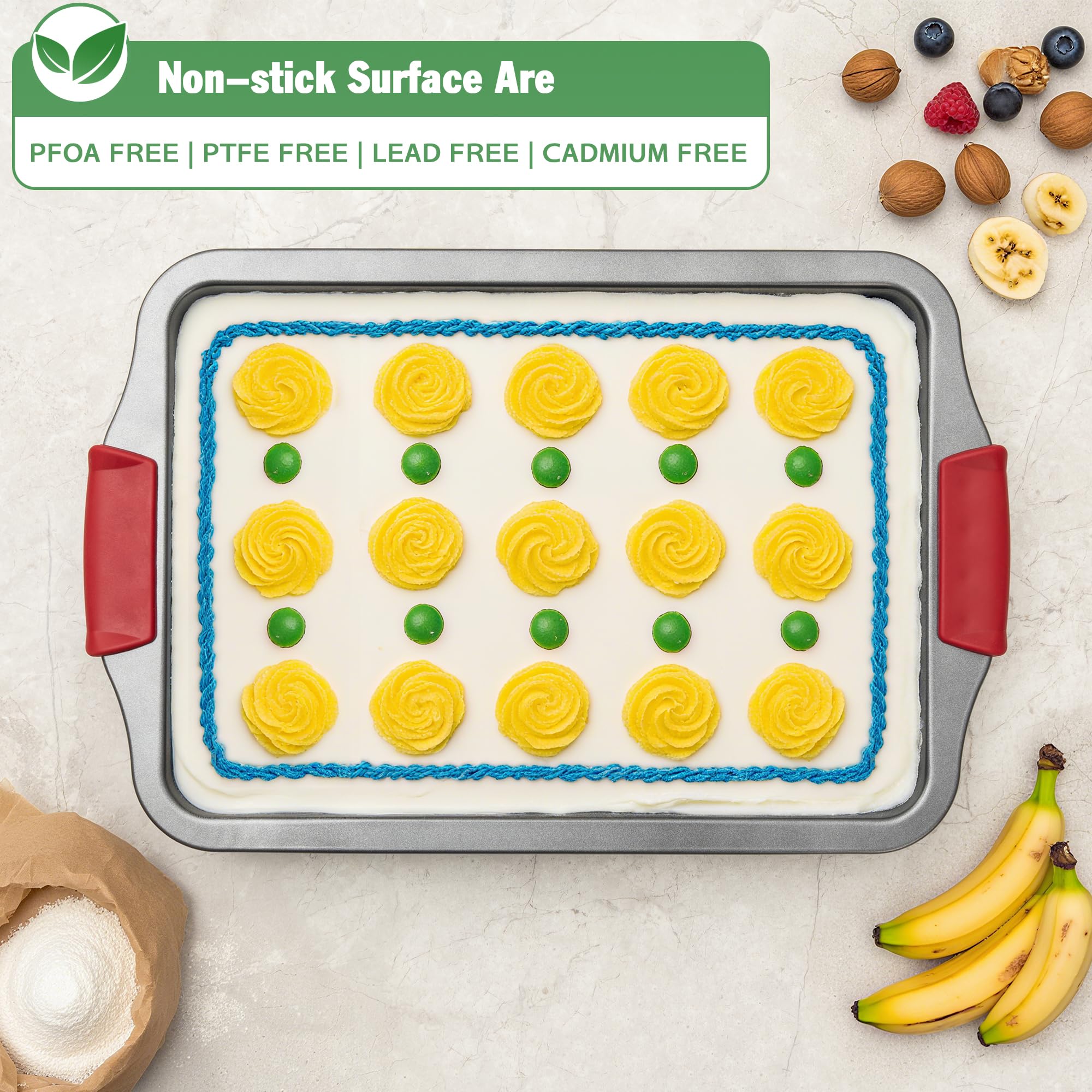 Tiawudi 13x9 cake pan with silicone grip handles for easy handling.