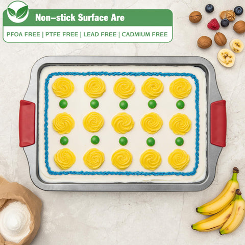 Tiawudi 13x9 cake pan with silicone grip handles for easy handling.